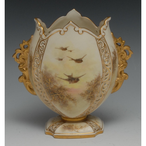 566 - A Graingers & Co Worcester two handled reticulated pedestal vase, painted with robins in flight, 14c... 