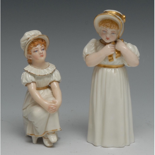 613 - A Royal Worcester figure, modelled by James Hadley after Kate Greenaway, of a girl, on a chair, she ... 