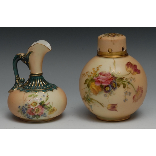 624 - A Royal Worcester globular pot pourri and cap cover, painted with flowers on a blush ivory ground, 1... 