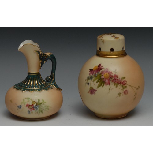 624 - A Royal Worcester globular pot pourri and cap cover, painted with flowers on a blush ivory ground, 1... 