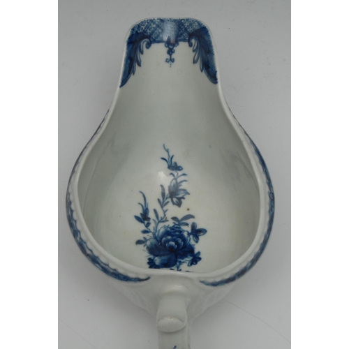 653 - A small Worcester Fisherman and Billboard Island pattern strap fluted  sauce boat, painted in blue w... 