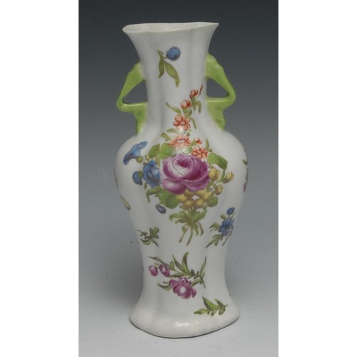 667 - A Worcester quatrelobed bottle shape vase, lug handles,  painted in coloured enamels in 'Rogers' sty... 