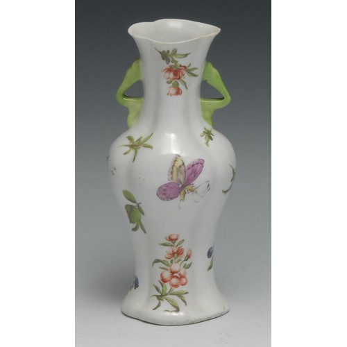 667 - A Worcester quatrelobed bottle shape vase, lug handles,  painted in coloured enamels in 'Rogers' sty... 