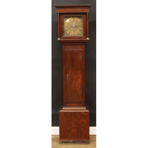 2130 - An 18th century longcase clock, 24.5cm square brass dial inscribed John Wawne, Roman numerals, thirt... 