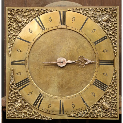 2130 - An 18th century longcase clock, 24.5cm square brass dial inscribed John Wawne, Roman numerals, thirt... 