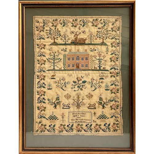 1354 - A William IV needlework sampler, embroidered by Eliza Mortimer, aged 9, 1834, with house, stag, dogs... 