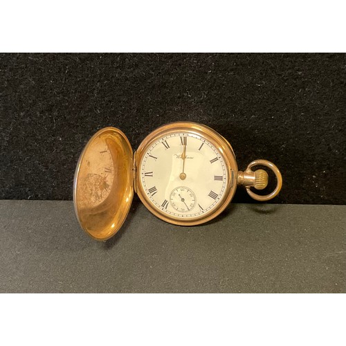 321 - A Waltham Traveller gold plated full hunter pocket watch, 4.8cm diameter