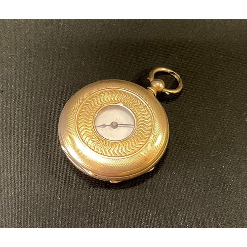 328 - A Continental 14ct gold lady's half hunter fob watch, engine turned case, white dial, Roman numerals... 