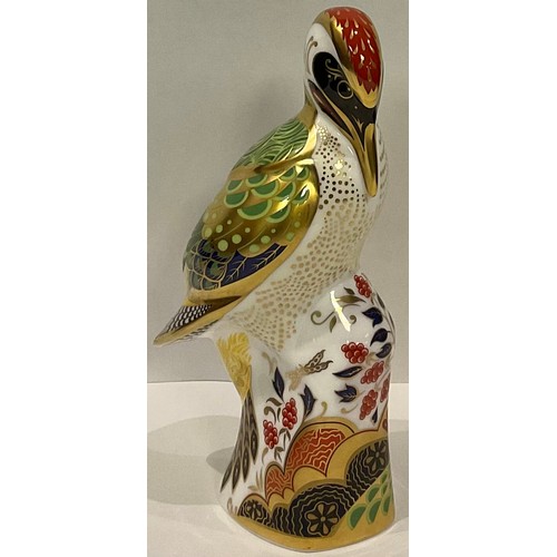4 - A Royal Crown Derby paperweight, Green Woodpecker, gold stopper, printed marks, boxed