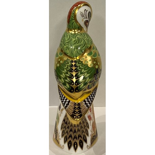 4 - A Royal Crown Derby paperweight, Green Woodpecker, gold stopper, printed marks, boxed