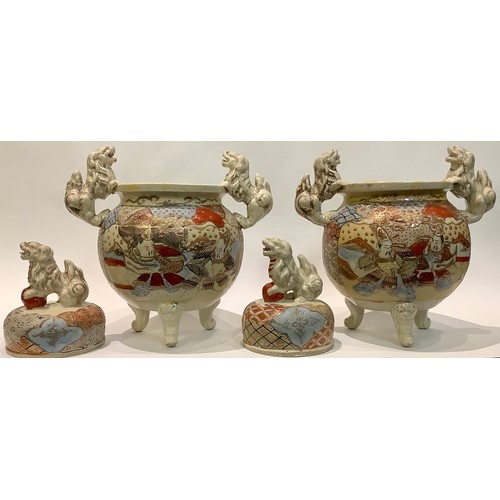 11 - A pair of Japanese satsuma koros and covers, temple lion handles and finials, painted in polychrome ... 