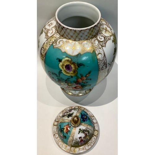 16 - A Dresden ovoid vase and cover, painted panels of courting couples and flowers, gilt borders, 25cm h... 