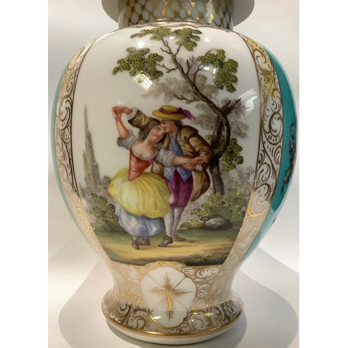 16 - A Dresden ovoid vase and cover, painted panels of courting couples and flowers, gilt borders, 25cm h... 