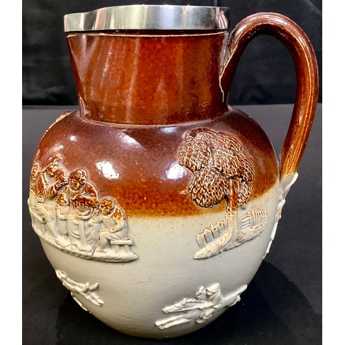 45 - A Victorian silver mounted salt glazed harvest jug, London 1882, 18.5cm high; a salt glazed harvest ... 