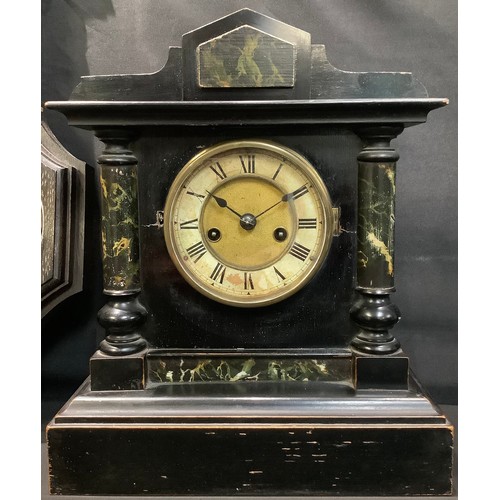 54 - A late 19th century ebonised mantel clock, c.1870-1880; an oak wall mounted combination barometer (2... 