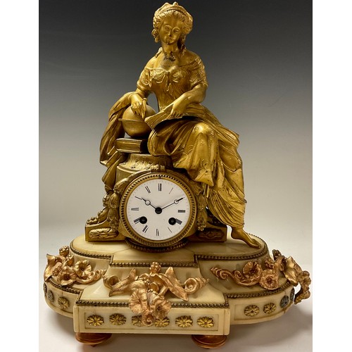 55 - A 19th century French gilt metal figural clock, classical female scholar, enamel dial with Roman num... 