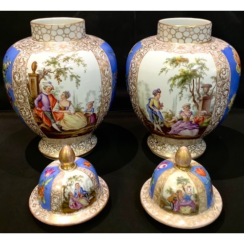 69 - A pair of Dresden ovoid vases and covers, painted panels of courting couples and flowers, gilt borde... 