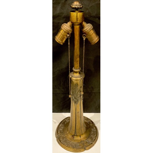 91 - An Art Nouveau bronzed metal twin light table lamp, 54cm high