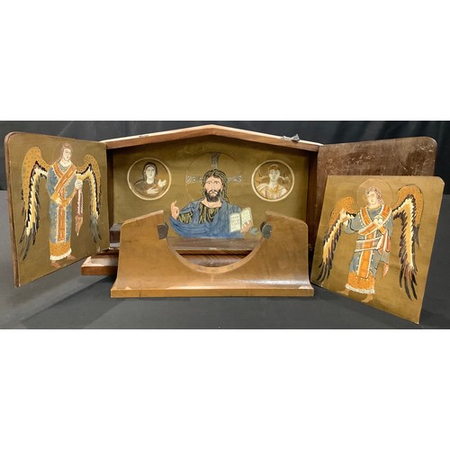 140 - A walnut triptych altar cabinet, 23cm high