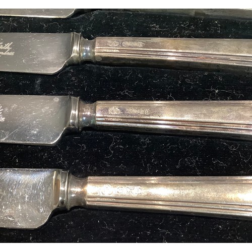 142 - A set of of six Art Deco silver hafted tea knives, Sheffield 1933, cased; another set, Sheffield 192... 