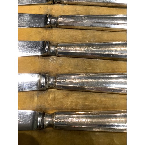 142 - A set of of six Art Deco silver hafted tea knives, Sheffield 1933, cased; another set, Sheffield 192... 