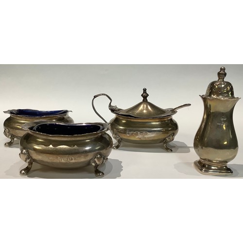 169 - An Edward VII four piece silver Queen Anne style condiment set, comprising a pair of salts, mustard ... 