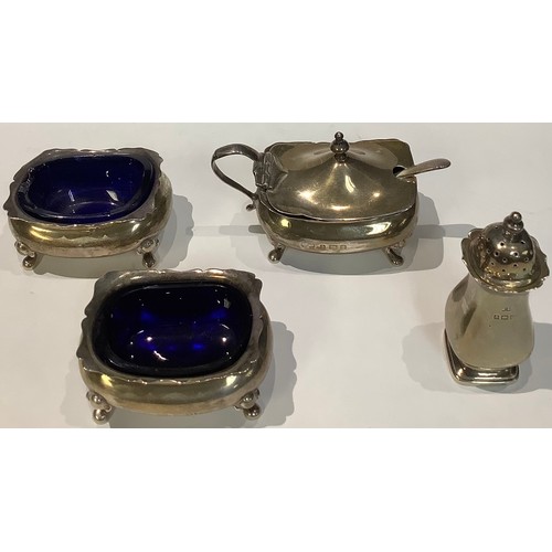 169 - An Edward VII four piece silver Queen Anne style condiment set, comprising a pair of salts, mustard ... 