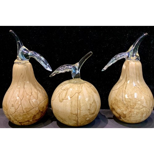 178 - Studio Glass - a pair of decorative twisted glass vases, 81.5cm; matching glass fruit, comport, etc ... 