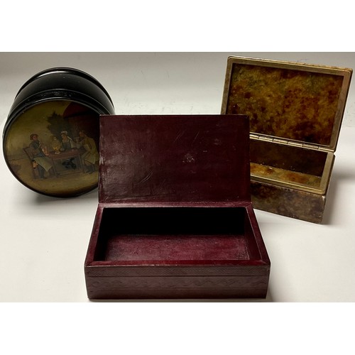 191 - A Russian lacquer cheroot box, the cover painted with figures at a table; an onyx box; a leather box... 