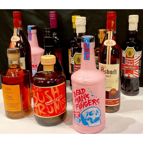 202 - Wines aand Spirits - gin, spiced rum, gin liqueur, raspberry rum cream liqueur, mulled wine, etc (12... 