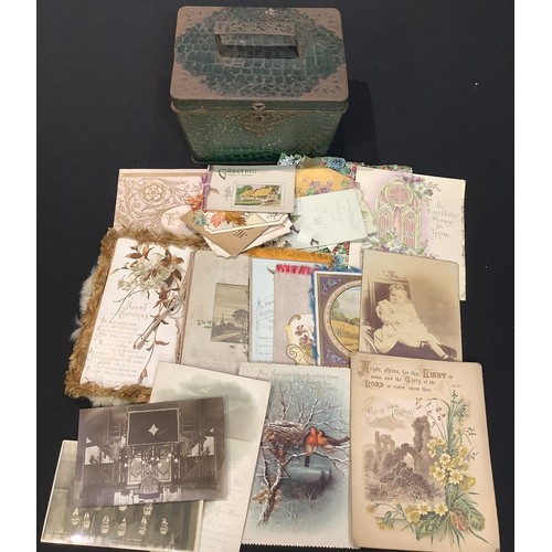 206 - A quantity of late 19th century Birthday and Christmas cards, contained in a Huntley & Palmers adver... 