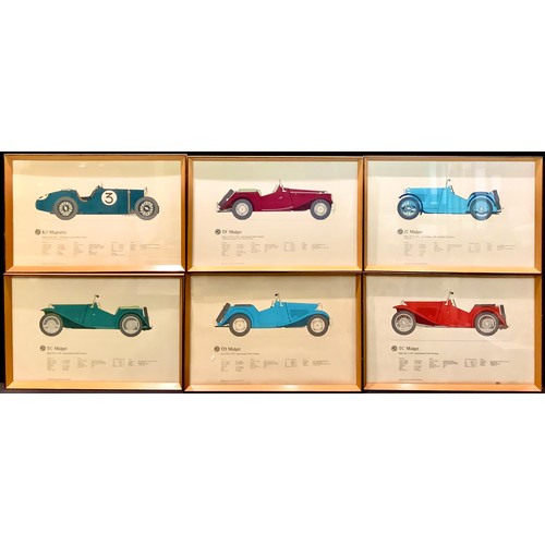 220 - Automobilia - John Tasker, after, a set of six MG car specification framed prints including J2 Midge... 