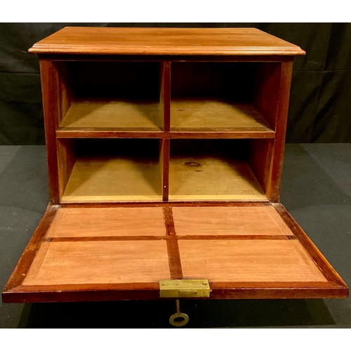 230 - An Edwardian mahogany desk top correspondence box, drop down door enclosing four pigeon holes, two f... 