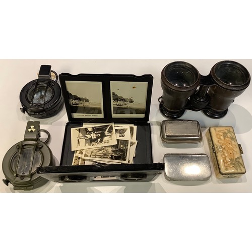 246 - A War Department military compass by E Barker & Son; another, Stanley of London; snuff boxes; a ster... 