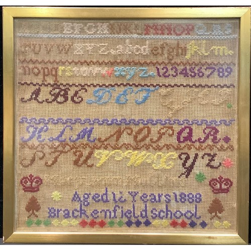 253 - A Victorian needlework alphabet sampler, Mary Ann Mullins, Aged 12 Years 1888, Brackenfield School, ... 