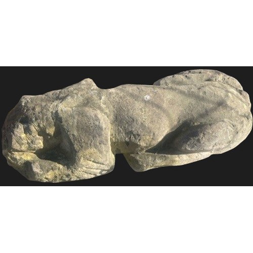 3163 - A 19th century stone garden statue,  of a dog crouching,  70cm long,  26cm high




**Please note th... 