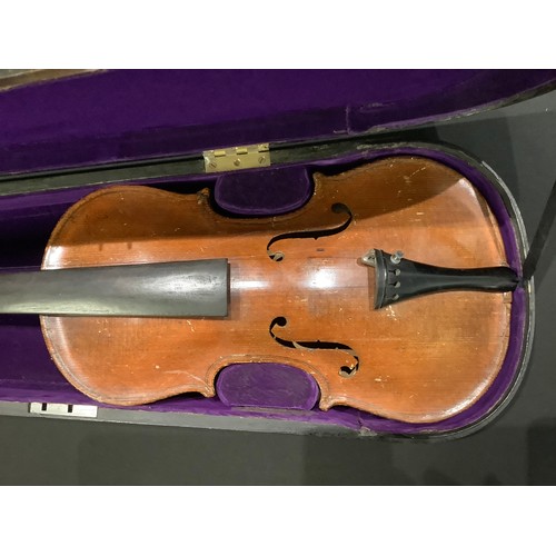 312 - Musical Instruments - a violin, the two piece back 36.25cm excluding button, 59cm long overall, case... 