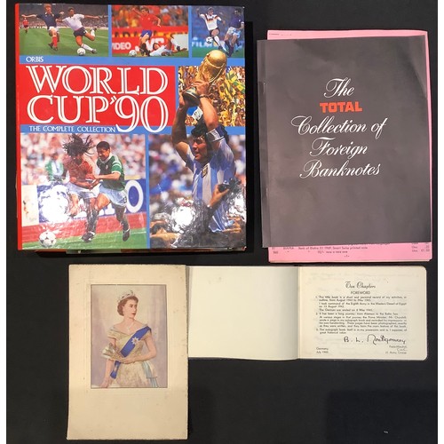 320 - An album of bank notes; World Cup 1990 sticker books and magazines; a WWII facsimile booklet, Montgo... 