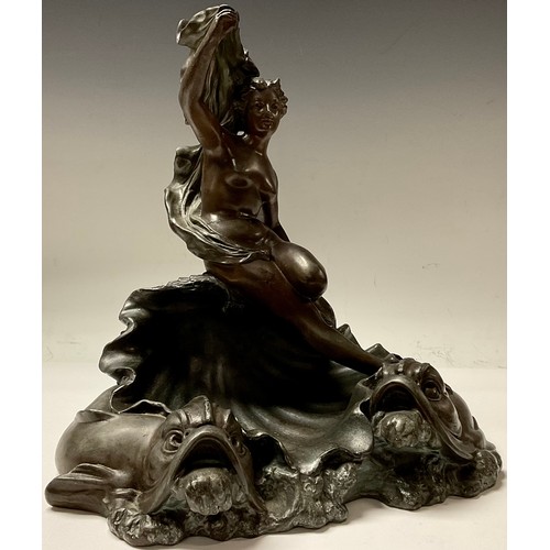 349 - After Waclaw Bernard Szczeblewski, a French spelter allegorical table centre, beautiful female nude ... 