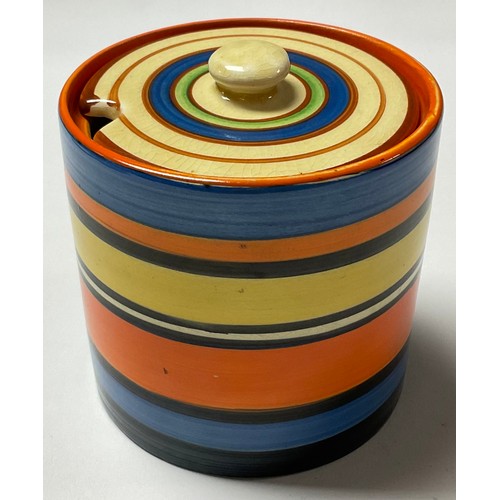 350 - A Clarice Cliff Bizarre cylindrical preserve pot and cover, painted with bands of orange, black, blu... 