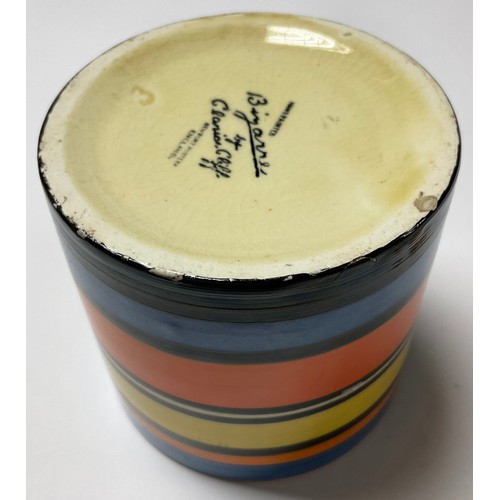 350 - A Clarice Cliff Bizarre cylindrical preserve pot and cover, painted with bands of orange, black, blu... 