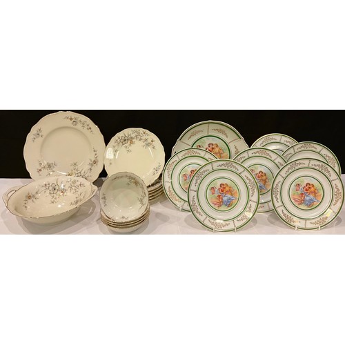 354 - A German KPM dessert set, printed with courting couple and cupid taking aim, comprising six dessert ... 