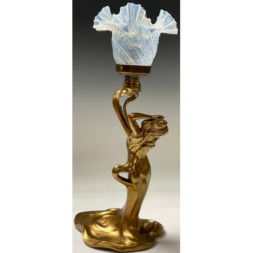 360 - A French spelter Art Nouveau table lamp, cast as a female beauty in flowing sinuous gown, opaque gla... 