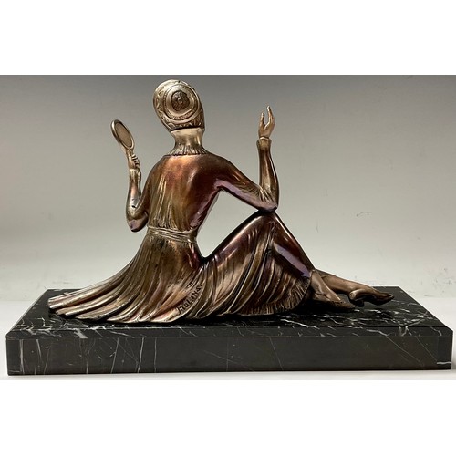 376 - A French Art Deco spelter figure, fashionable lady with hand mirror, signed Molins in the maquette, ... 