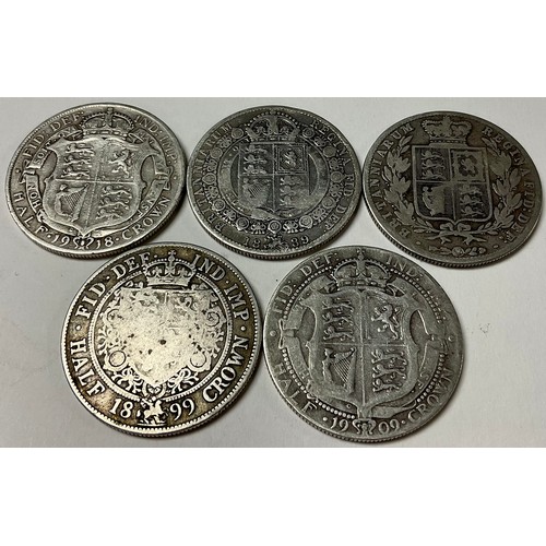 428 - Coins - a Victorian silver half crown 1875, two others 1889 and 1899; an Edward VII half crown 1909;... 