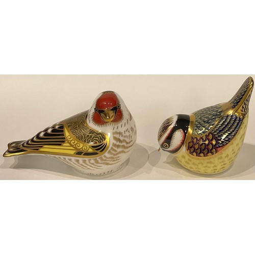 409 - A Royal Crown Derby paperweight, Goldfinch, gold stopper, boxed; another, Garden Blue Tit, gold stop... 