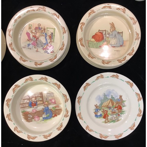 454 - A Royal Doulton Bunnykins nursery ware baby's bowl, others similar; mugs, cups and saucers, plates, ... 