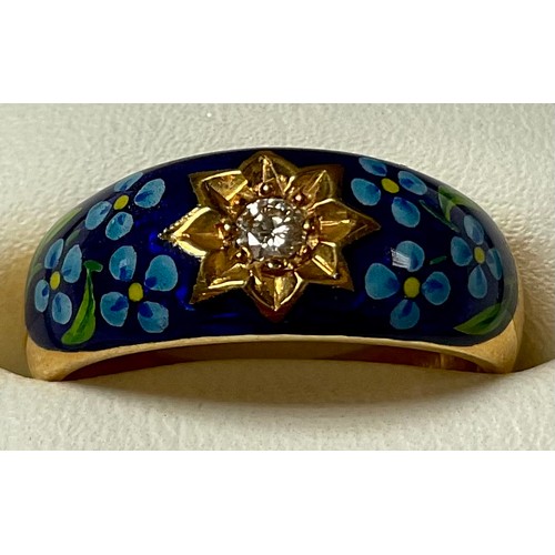 508 - An 18ct gold diamond solitaire ring, the bezel set with painted floral cobalt blue enamel, size M, 6... 