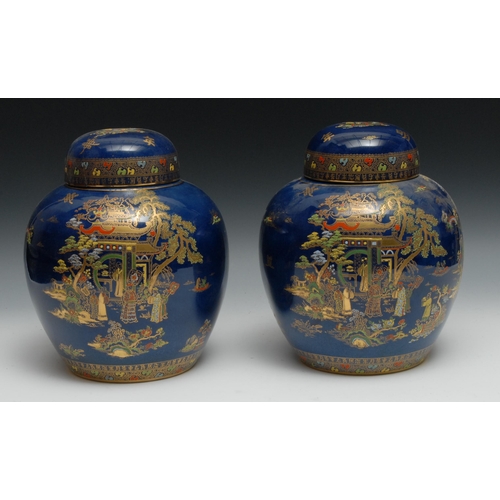 474A - A pair of Carlton Ware Pagoda pattern ginger jars and covers, printed and painted with pagoda and fi... 