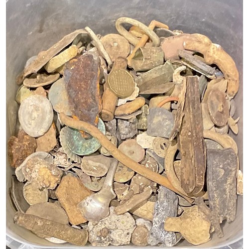 546 - Metal Detector and Field Walking - a collection of finds including crotal bells, coins, buckles, lea... 